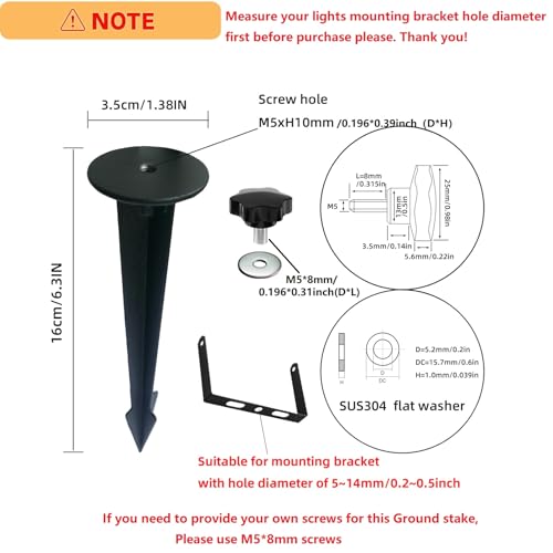 Replacement Stakes for Flood Lights,6.3in Aluminum Metal Ground Stake with Tool-Free Star Knobs Handle Thread Screw M5 for Outdoor Solar Spot Lights Garden Yard Path Walkway Lawn(6Pack) - size: L-6.3"Aluminium
