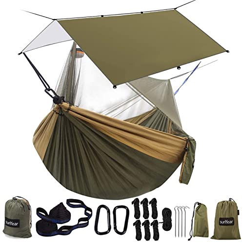 Sunyear Hammock Camping with Rain Fly Tarp and Net, Portable Camping Hammock Double Tree Hammock Outdoor Indoor Backpacking Travel & Survival, 2 Tree Straps,100% Waterproof - color: Green Bundle, size: 78"W*118"L