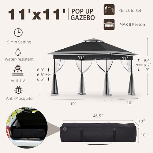 Bezseller 11x11 Pop Up Gazebo with Mosquito Netting – Easy 1-Person Setup, Water-Resistant Backyard Canopy for Family Patio & Garden Use, Black - color: Black, size: 11"x11"
