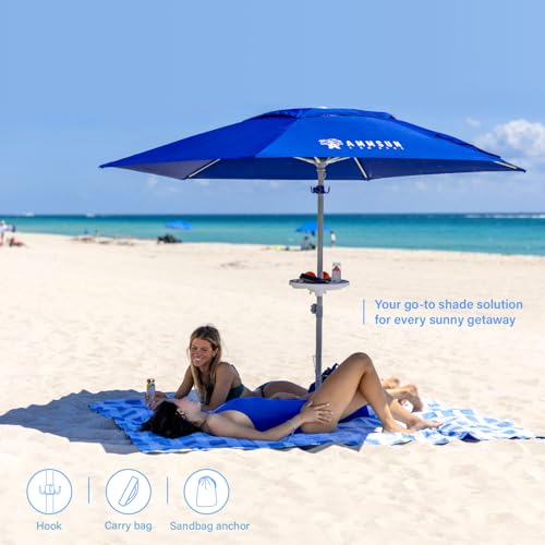 AMMSUN 8ft Large Beach Umbrellas for Sand Heavy Huty Wind Portable Commercial Grade Patio Beach Umbrella with Sand Anchor Adjustable Height Air Vent UPF 50+ Telescoping Pole without tilt Dark Blue - color: Dark Blue