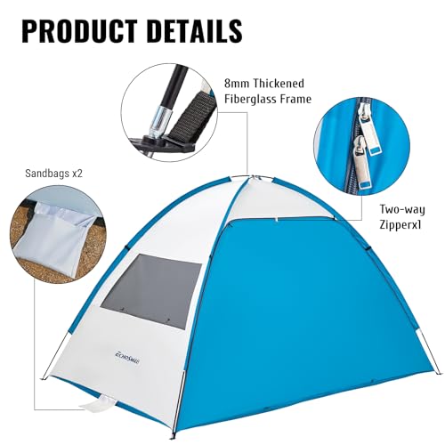 EchoSmile UPF 50+ Beach Tent Sun Shelter for 3/4 Person, Portable Beach Cabana Tent - color: White & Blue, size: 3 Person