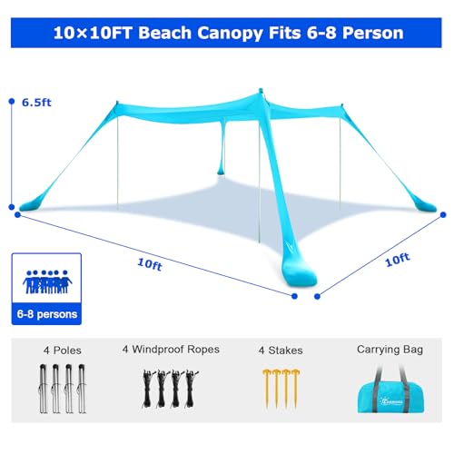 COMMOUDS Beach Tent Sun Shelter - UPF50+ Pop Up Beach Canopy with Sandbags & Sand Shovel & Windproof Poles, Portable Sun Shade for Beach, Camping, Picnics, Backyard - color: Sky Blue, size: 10 x 10 FT 4 Pole