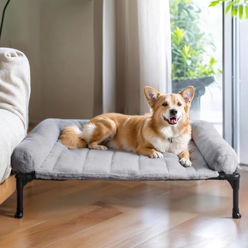 Veehoo Orthopedic Elevated Dog Bed with Fluffy Plush Bolster Cushion, Indoor Raised Dog Beds for Large Dogs, Soft Pet Sofa Cot with Removable Washable Mat, No-Slip Feet, 32 x 25 inches, Grey - color: Grey, size: 32.0"L x 25.0"W x 7.0"Th