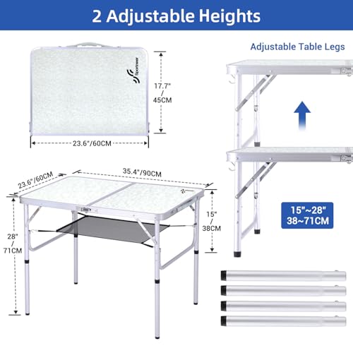 Sportneer Camping Table: Adjustable Height Small Folding Table 35.4" L x 23.6" W 2 Height with Mesh Layer - Compact & Portable Camping Essentials for Outdoor Camp Garden Picnic BBQ Dining Cooking - color: White, size: 35.4"L x 23.6"W (2 Height)