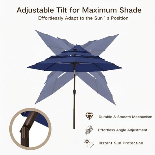 Kingdura 9ft 3-Tier Patio Umbrella, Outdoor Table Umbrella with Easy Crank & Tilt, 8 Reinforced Ribs, UV Protection for Deck, Pool, Market, Backyard (Navy blue) - color: Navy blue, size: 9 FT