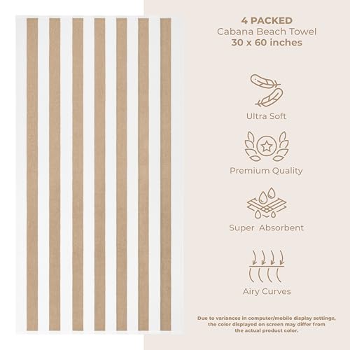 American Soft Linen Cabana Striped Beach Towels, 30x60 inch 4 Piece Oversize Pool Towels, Quick Drying Sand Free Swim Towels, Beige - color: Beige