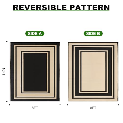 RURALITY Outdoor Rugs 8x10 Waterproof for Patios Clearance,Plastic Straw Mats for Backyard,Porch,Deck,Balcony,Reversible,Black and Beige - color: Panel-black&beige, size: 8' x 10' (Rectangular)