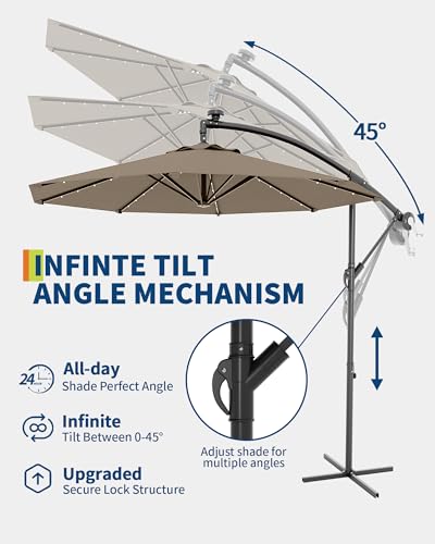 Jojoka 10FT Cantilever Patio Umbrella with Solar LED Lights - Offset Outdoor Umbrella - Easy Lift & Tilt - UV Protection - Fade Resistant - Ideal for Deck, Pool, Garden - color: Tan