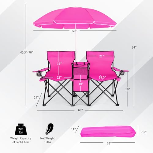 Goplus Double Camping Chair with Umbrella, Folding Loveseat Chairs w/Canopy Shade, Carrying Bag, Table, Cup Holder, Portable Beach Chairs Outdoor Picnic Patio (Pink) - color: Pink