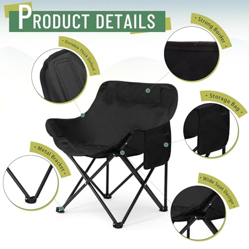 2 Pack Compact Camping Chairs Portable Folding for Outside with Carry Bag Lightweight Moon Chairs for Travel Picnic Hiking Beach Fishing, 600D Oxford, Supports 330lbs(Green, Black) - color: Green, Black