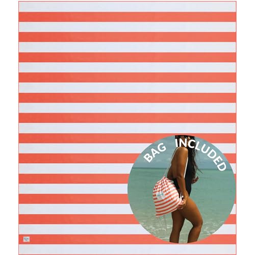 Plush Microfiber Beach Blanket, Extra Large Beach Mat for 3-6 Persons, Sandproof, Windproof | Hole for Umbrella, Corner Sand Pockets to Fight Wind (Bag for Blanket Included) - color: Peach & Stripes, size: X-Large