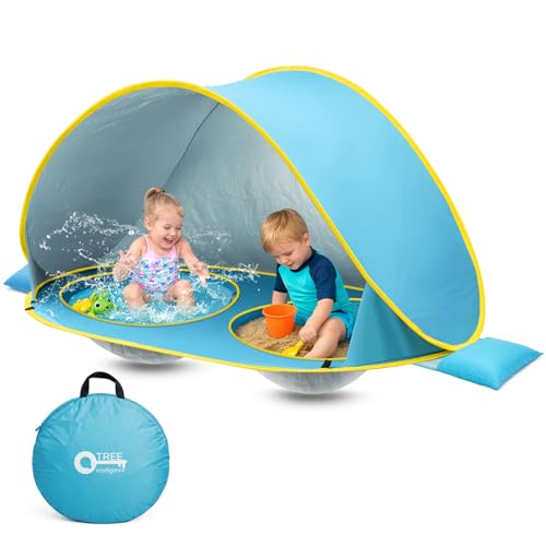 2-IN-1 Baby Beach Tent with 2 Pool for 2 kids,74.8*41.7*35.4 inch UV Protection Sun Shelter Pop Up Play Canopy, Easy setup portable tent for Beach,Camping,Picnic,Poolside,Indoor