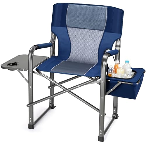 Fenbeli Oversized Folding Director Chair with Side Table and Cooler Bag - Portable Camping Chair with Cup Holder, Padded Armrests, 400LBS Capacity for Outdoor Camping, Lawn, Picnic (Blue) - color: Blue