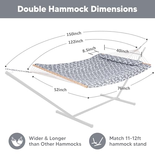 SUNCREAT Hammocks Heavy Duty Hammock with Hardwood Spreader Bar, Double Rope Hammock with Polyester Pad, Grey - color: Grey
