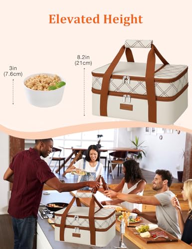 Vuudh Expandable Casserole Carrier Bag, Double Deckered Insulated Food Bag for 2 Dishes, Hot Cold Lasagna Holder Tote for Picnic, Potluck, Travel - color: Expandable-beige