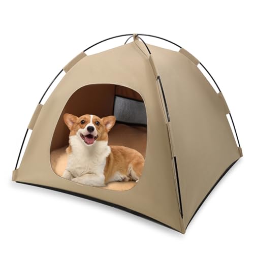 Pet Tent for Cats & Small Dogs - Portable Foldable Indoor Outdoor Cat Tent & Dog House with Sunshade, Removable Cat Cave Bed for Camping, Beach, Park - Semi-Enclosed Hideaway (khaki,19.7*19.7*17.7in) - color: khaki, size: 19.7*19.7*17.7in