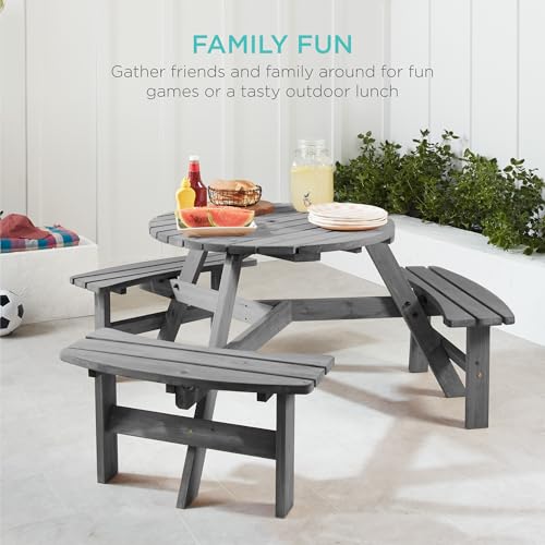 Best Choice Products 6-Person Circular Outdoor Wooden Picnic Table for Patio, Backyard, Garden, DIY w/ 3 Built-in Benches, 500lb Capacity - Gray - color: Grey