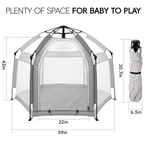 Palopalo Pop Up Baby Beach Tent - UPF50+ Sun Protection Canopy & Mosquito Net, 150D Oxford Ripstop Fabric, Instant Setup Portable Playpen for Indoor & Outdoor Play, Lightweight Pack and Play Yard - color: Grey