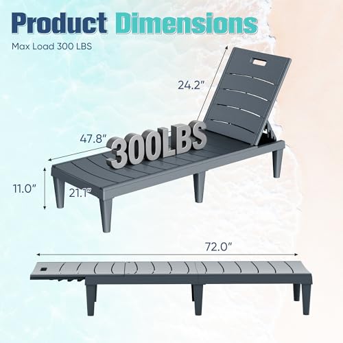Devoko Outdoor Chaise Lounge Chair Set of 2 with 5-Position Adjustable Back, Waterproof & Lightweight PP Lounge Chairs for Outside Pool Patio (Light Grey) - color: Light Grey, size: 72 in Depth