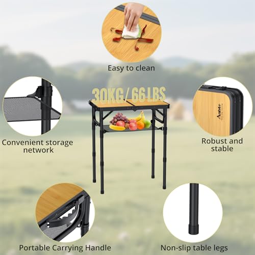 Anbte 2ft Camping Table Foldable with Storage Net, 3 Adjustable Heights Aluminum Small Folding Table Lightweight, Portable Handle for Travel Outdoor Beach Camping Picnic, 23.2" x 16", Light Oak Grain - color: Light Oak Grain, size: 24"L x 16"W x 27.5H"