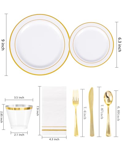 GATHER 350PCS Gold Plastic Plates - White and Gold Disposable Plastic Dinnerware Set Include 50 Dinner Plates, 50 Dessert Plate, 150 Silverware, 50 Napkins, 50 Cups for Party & Wedding - color: Gold, size: 50 Guests