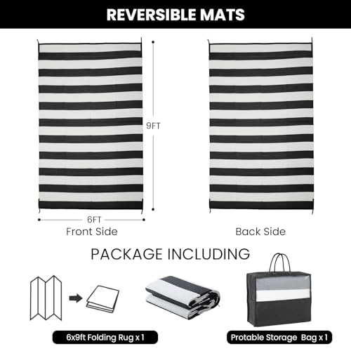 Outdoor Rug 6 x 9 ft, Reversible Plastic Straw Rug for Patio, Waterproof Large Outdoor Carpet for RV, Patio, Camping, Backyard, Deck, Picnic, Beach, Black & White - color: Black/White, size: 6'x9'