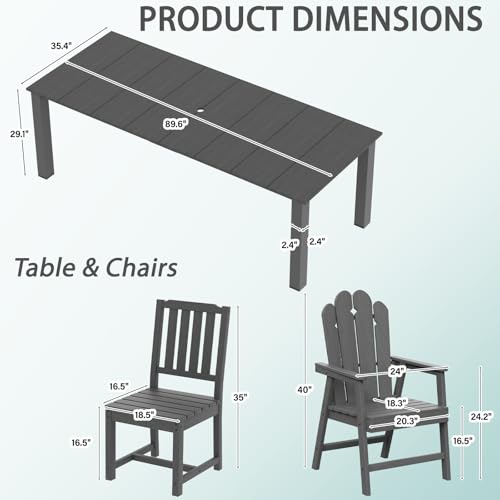 11-Piece Patio Dining Set, Outdoor Dining Set for 10, HDPE All-Weather Outdoor Furniture with 89.57” Umbrella Hole Table, 2 Armchairs & 8 Armless Chairs, Gray - color: Grey, size: 2 Armchairs & 8 Armless Chairs