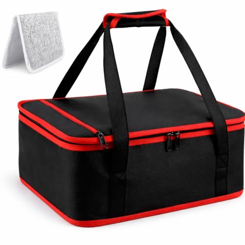 Insulated Resuable Casserole Carrier Bag for Hot or Cold Food, Foldable Portable Prep Carrier, Thermal Food Transport Bag for 9''x13'' & 11''x15'' Baking Pan, Travel Picnic Cake Dessert lunch, Black - size: Standard Black-Red