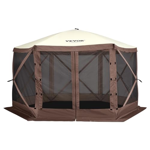 VEVOR Pop Up Gazebo Screen Tent 6 Sided Canopy Sun Shelter with 6 Removable Privacy Wind Cloths & Mesh Windows, 11.5x11.5FT Quick Set Screen Tent with Mosquito Netting, Brown - color: Brown, size: 11.5x11.5ft