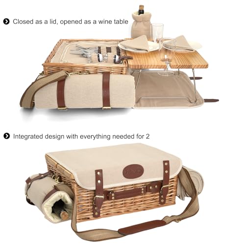 Multifunctional Wicker Picnic Basket Set for 2 with Blanket and Picnic Table, Insulated Picnic Set with Full Tablewares for Camping Outdoor Couples,Natural - color: Natural With Blanket &Table for 2