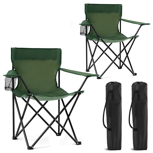 2 Pack Portable Camping Chairs Folding Lawn Chair Outdoor Lightweight Beach Chair with Cup Holder & Carry Bag for Outside Sports, Fishing, Hiking, Travel, Picnic, Backyard（Green - color: Green, size: 2pack