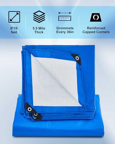SmoothNovelty 3 Pcs Large Waterproof Tarp 8 x 10 ft Heavy Duty 5.5 Mil Thick Poly Tarpaulin with Grommets Multipurpose Protective Cover for Summer Home Boats Cars Camping Rv Pool Tent - color: Green,blue,silver, size: 8 x 10 ft