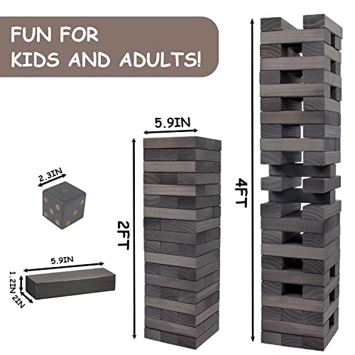 Juegoal 54 Pieces Giant Tumble Tower Blocks Game Giant Wood Stacking Game with 1 Dice Set, Gameboard, Canvas Bag for Adult, Kids, Family, Grey - color: Grey, size: Large