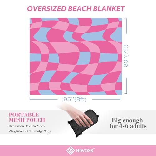 Beach Blanket Waterproof Sandproof Oversized 95”x 80”,Sand Free Beach Mat with Corner Pockets,Portable Mesh Bag for Travel and Outdoor Camping (Dreamsea) (Pinkblue Check) - color: Pinkblue Check