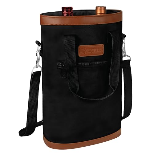 opux Two Bottle Wine Bag Carrier Tote, Insulated Leakproof 2 Bottle Wine Cooler Bag for Travel BYOB Picnic, Portable Wine Case, Gift for Men Women Wine Lover Birthday Party Christmas, Black - color: Black