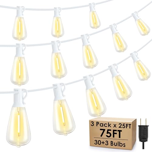 Larkvue 75FT(3x25FT) Outdoor String Lights, Patio Lights with 30+3 LED Dimmable Waterproof Connectable ST38 Bulbs for Gazebo Backyard Christmas, White - color: White, size: 75FT