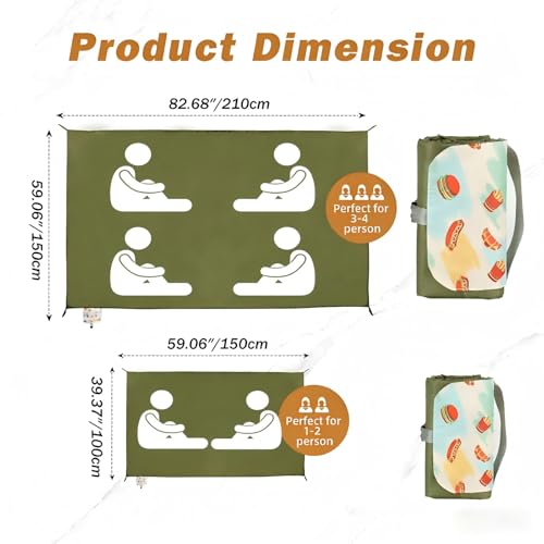 Picnic Blanket Waterproof – Packable Sand Proof Beach Blanket (0.42lb/0.66lb), Compact & Foldable, Fits in Pocket with Integrated Stakes, Ideal for Camping, Hiking, Travel, Concert, Festival - size: Military Green Burger 59.06" x 39.37"