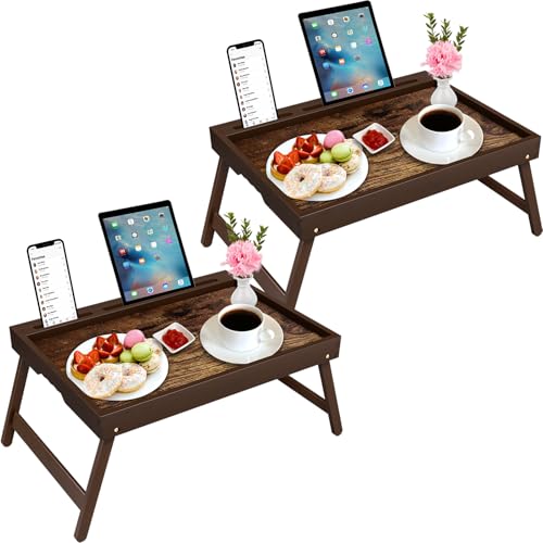 2 Pack Bamboo Breakfast Tray with Foldable Legs & Detachable Stand | Ergonomic Handle | Portable Bed Tray for Eating, Working, Laptop, Tablet, and Phone - color: Normal, size: Large- 2 pack