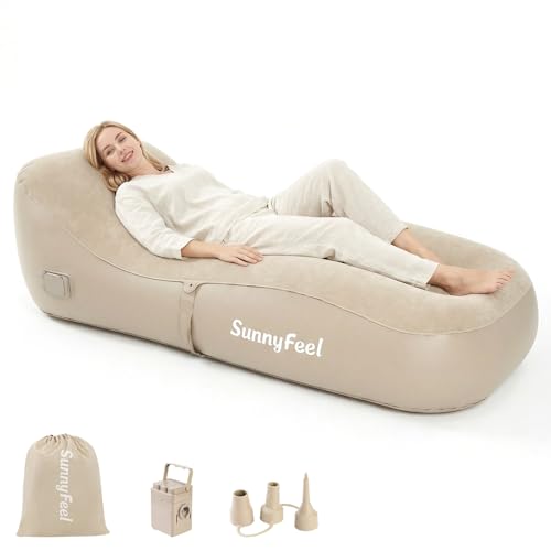 SUNNYFEEL Inflatable Lounge Chair with Built-in Pump, Heavy Duty PVC Flocked Inflatable Sofa for Adults, Portable Air Lounger for Camping, Beach, Home & Outdoor,Beige - color: Beige