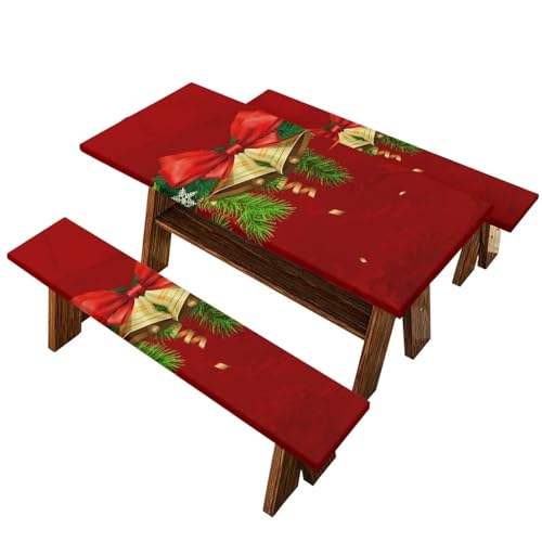 Christmas Elastic Fitted Table Cloth for Camping Party Christmas Bells Picnic Table Cover with Bench Covers 3 PCS for Outdoors - color: Christmas Bells, size: Small