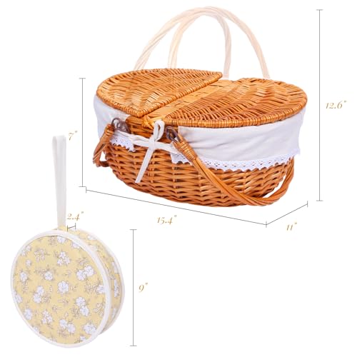 Wicker Picnic Basket with Handle, 15" Large Picnic Basket with Lid & Removable Liner, Vintage Hand Woven Basket with Cutlery Set for Picnics, Camping, Thanksgiving, and Birthday - color: Beige, size: 4-person