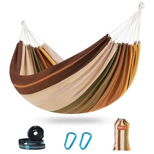 Lazy Daze Hammocks Double Brazilian Cotton Hammock, Extra Large Portable Outdoor Camping Hammock with Tree Straps & Travel Bag for Backyard Patio Poolside Indoor, 550lbs Capacity, Brown & Khaki - color: Brown & Khaki