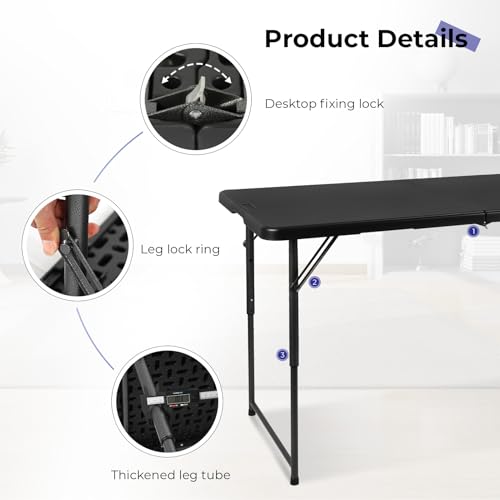 Byliable Folding Table 4 Foot Portable Heavy Duty Plastic Fold-in-Half Utility Table Small Indoor Outdoor Adjustable Height Folding with Carrying Handle, Camping and Party, Black - color: Black, size: 4FT