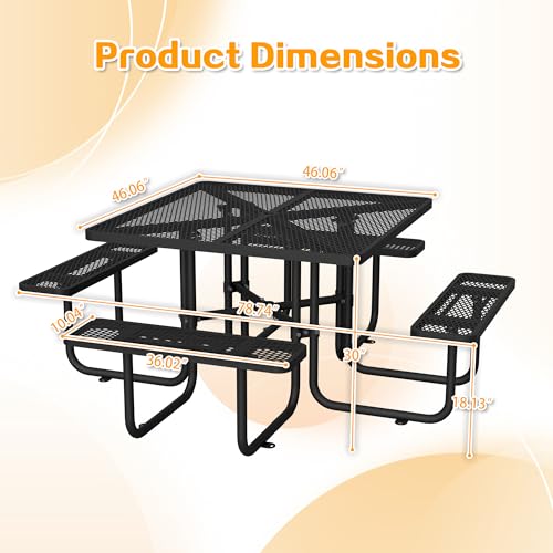 46" Square Metal Picnic Tables for Outdoors with Umbrella Hole - Coated Steel Heavy Duty Commercial Grade Table with Seats, Patio Furniture Set for a Lifetime, Black - color: Black-square