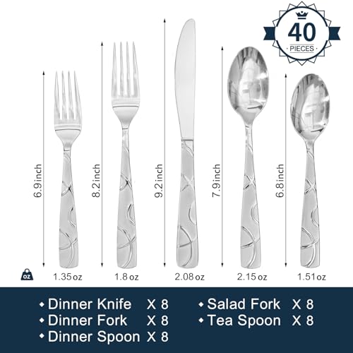 HIKAA 40PCS Stainless Steel Silverware Set, Modern Flatware Set for Kitchen, Mirror Polished Cutlery Set with Forks, Spoons and Knives，Dishwasher Safe - size: Standard 40PCS