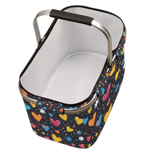 Heart Shaped Picnic Basket Large Collapsible Market Baskets Portable Reuasble Shopping Bags with Handles for Camping Beach Travel - color: Gray