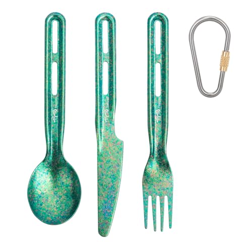 TiTo Titanium 3 Piece Cutlery Set, Ultralight Portabale Titanium Fork Spoon & Knife Tableware for Outdoor Camping Hiking Backpacking Travel Picnic Flatware with Titanium Carabiner (Green) - color: Green
