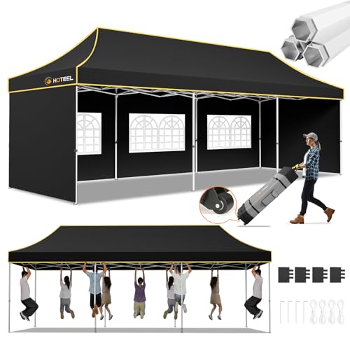 Hoteel 10x30 Pop Up Canopy Tent Heavy Duty with 5 Sidewalls, Waterproof Party Tent, Easy Set-up Commercial Instant Tents with Roller Bag & Sandbags, Hexagonal Leg (1-Year Warranty) - color: Black, size: 10×30 （5 Walls）