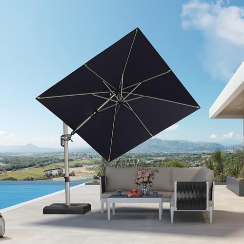 PURPLE LEAF 8' X 8' Left-right Tilting Patio Umbrella Outdoor Swivel Cantilever Umbrella Aluminum Offset Umbrella with Champagne Frame and 360-degree Rotation for Garden Deck Pool, Navy Blue - color: Navy Blue, size: 8' x 8'(Tilt)