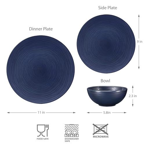 Bzyoo 12 Piece Melamine Dinnerware Set - Durable, Dishwasher Safe, Organica Navy Blue Plates and Bowls Sets Casual Dish Set for Dining, Outdoor and Kitchen - color: French Navy Blue